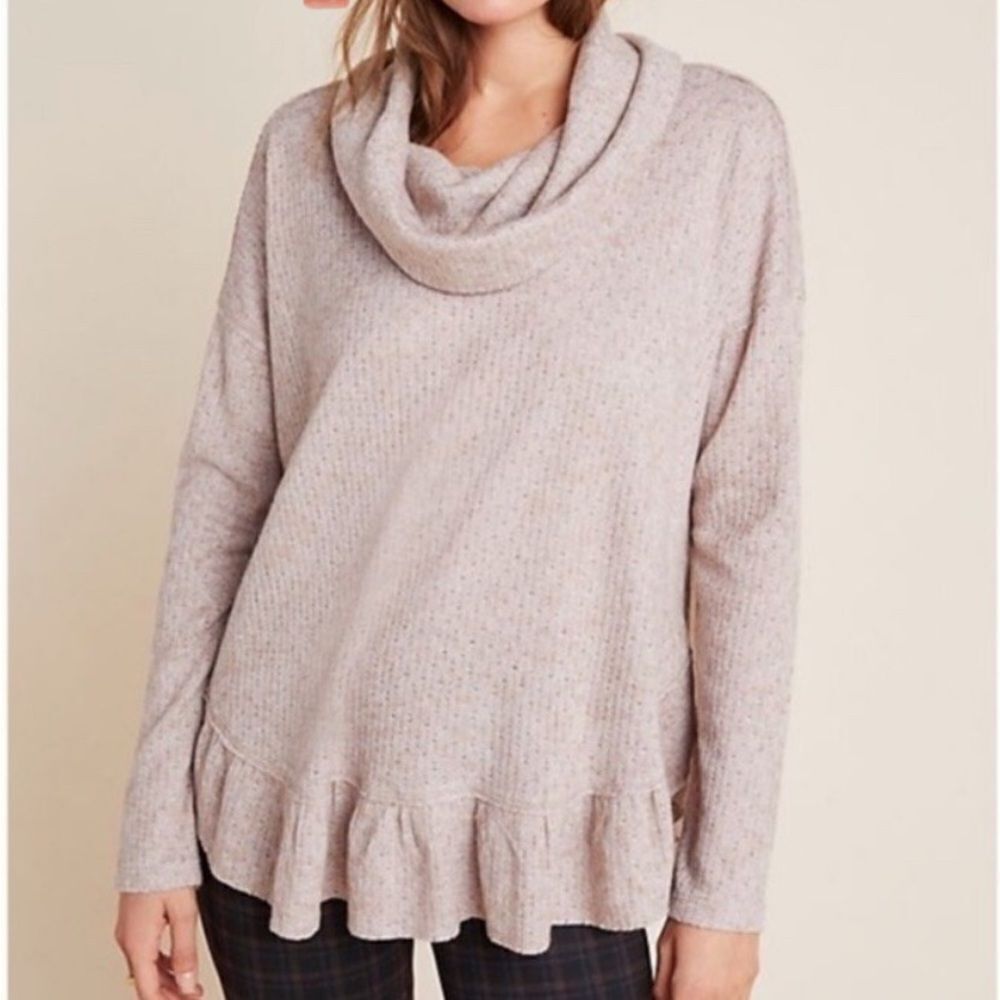Anthropologie Maeve Addie Ruffled Hacci Pullover Sweater Size M Neutral Taupe